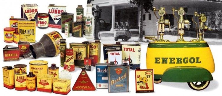 composition de divers bidons d'huile ancien huile retro marques vintage petrolier (2013)