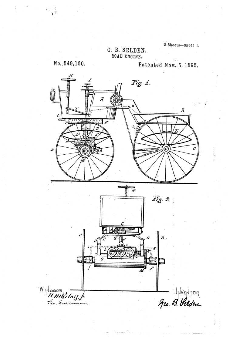Brevet N° 549,160 du 5 novembre 1895 de G.B. Selden (© patents.google.com)
