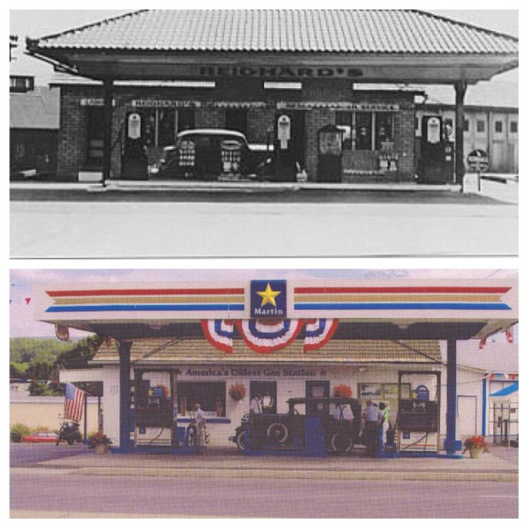 Photo ancienne de la station-service Reighard’s (aujourd’hui Martin Oil), en 1909, ainsi qu’une photo récente à titre de comparaison (© Facebook "Stuff Thats Gone")