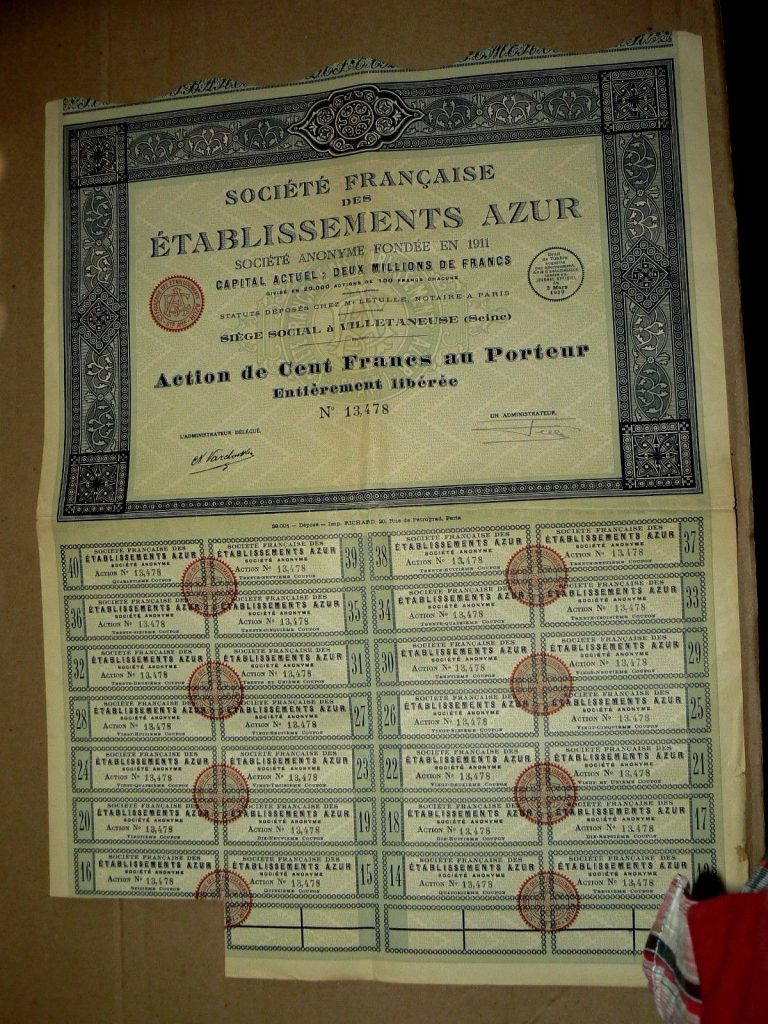 Action de cent francs, Société Française des Etablissements AZUR.