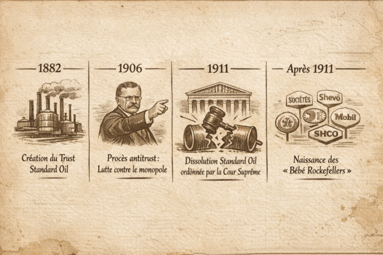 Frise chronologique concernant la Standard Oil -1882-1911 (version horizontale / par IA Copilot)