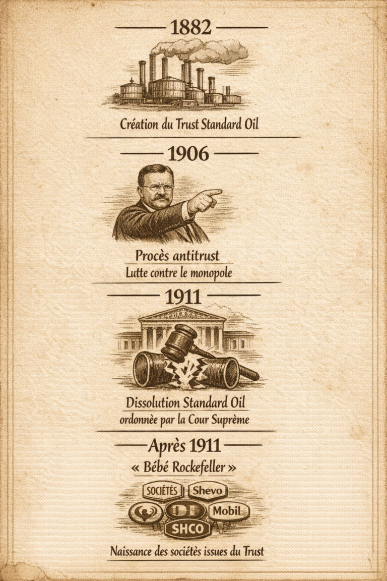 Frise chronologique concernant la Standard Oil -1882-1911 (version verticale/ par IA Copilot)