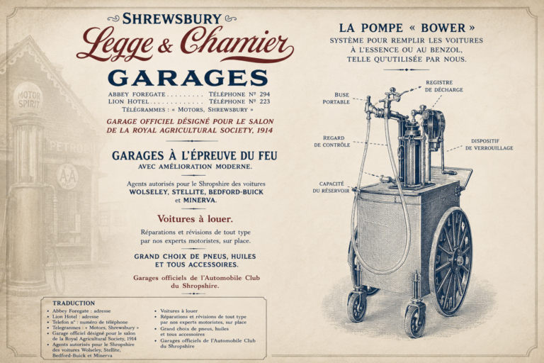 Pompe à essence "Bower" (extraite du guide illustré de la ville de Shrewsbury de 1914) (ChatGPT image)
