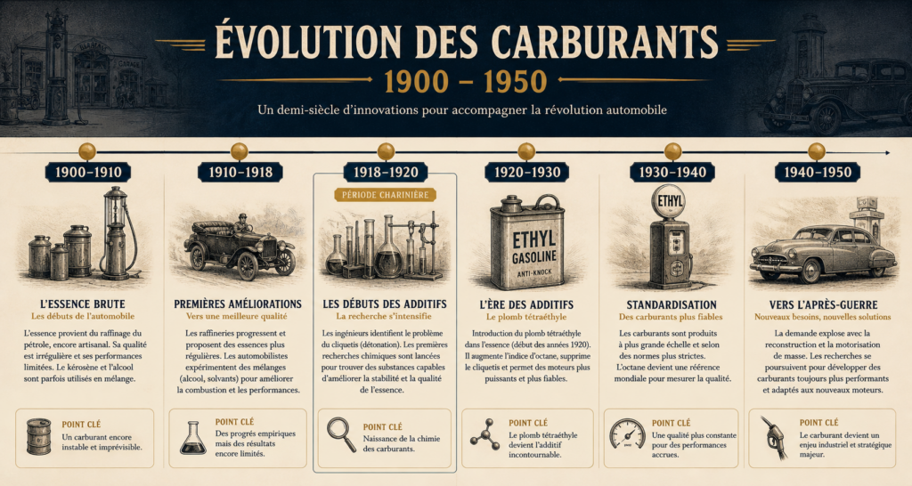 Évolution des carburants 1900-1950 (© ChatGPT)