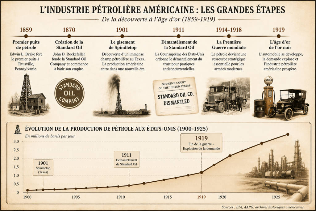 Frise historique de l'industrie pétrolière américaine (© ChatGPT Image)