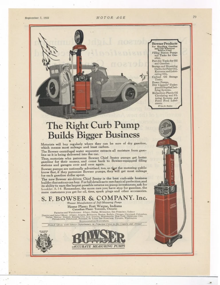 Publicité Bowser de septembre 1922 ( San Francisco), du journal MOTOR AGE, avec une pompe à essence Chief Sentry (© ebay.com)