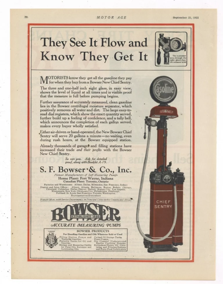 Publicité Bowser de septembre 1922 ( San Francisco), avec une pompe à essence Chief Sentry (© ebay.com)