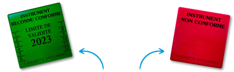 Vignette verte (instrument conforme), Vignette rouge (instrument non conforme) (© dynamicpesage.com)
