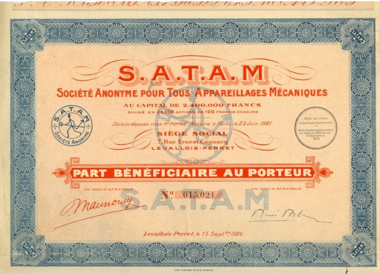 Part bénéficiaire au porteur (société Satam)