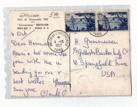 Verso carte postale Showroom Boutillon salon de l'auto, Paris 1957