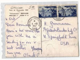 Verso carte postale Showroom Boutillon salon de l'auto, Paris 1957