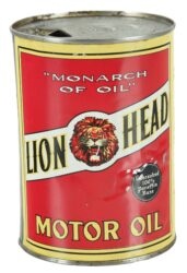 HUILE MOTEUR GILMORE TÊTE DE LION, BIDON D'UN QUART AVEC MOTIF DE LION. (© morphyauctions.com)