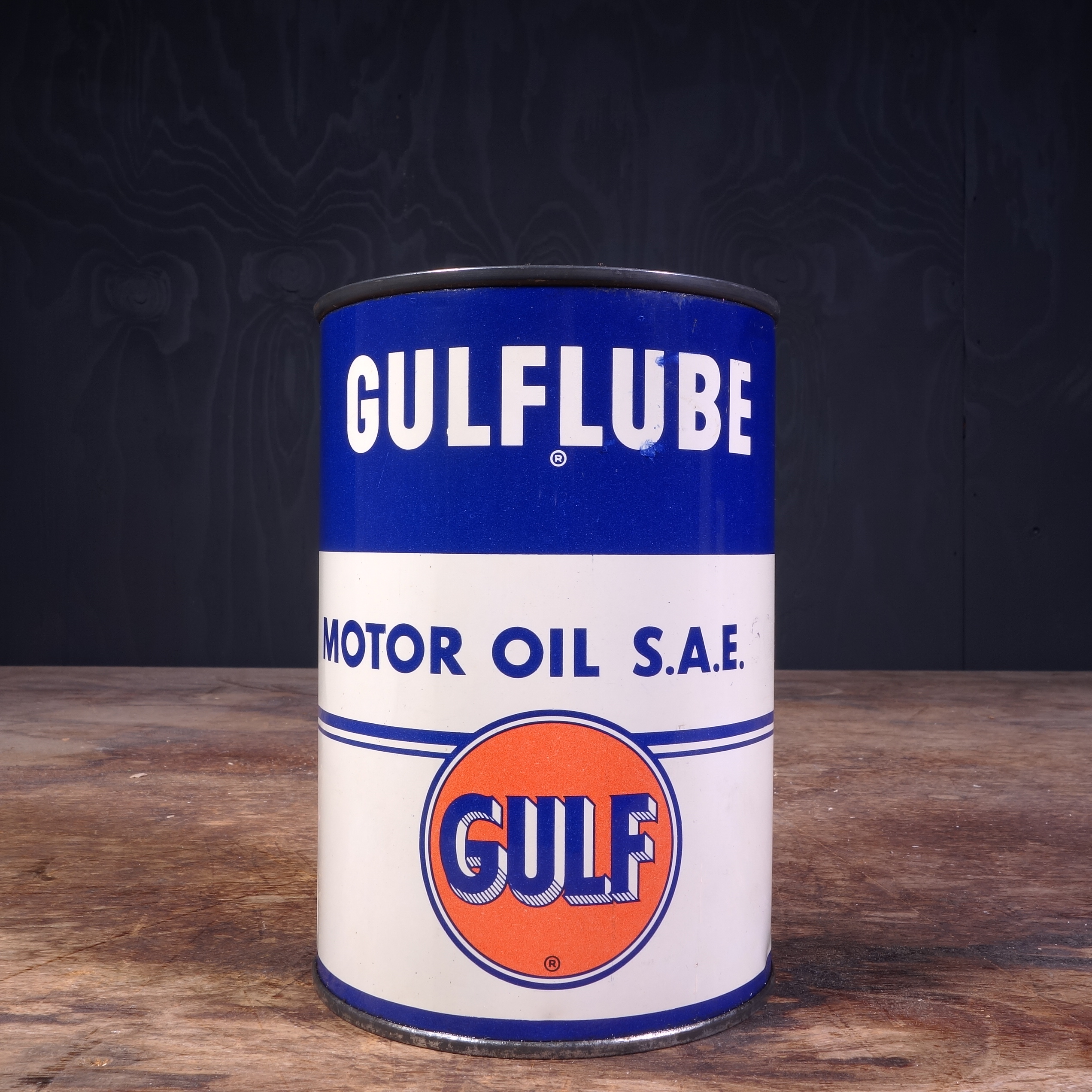 Bidon d'huile moteur Gulf Gulflube des années 1950 (© garageduvintage.com)