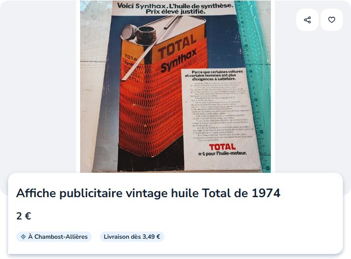 Affiche publicitaire vintage huile Total de 1974 (© leboncoin.fr)