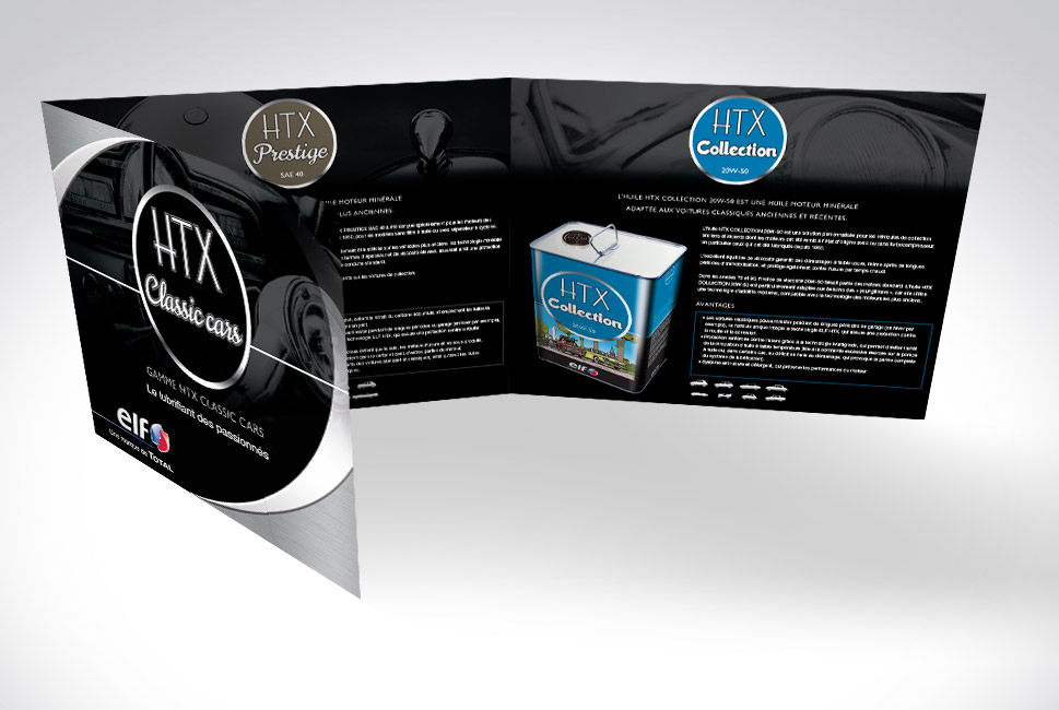 Plaquette produit 3 volet pour ELF HTX Classic cars (© kyrriel.fr)