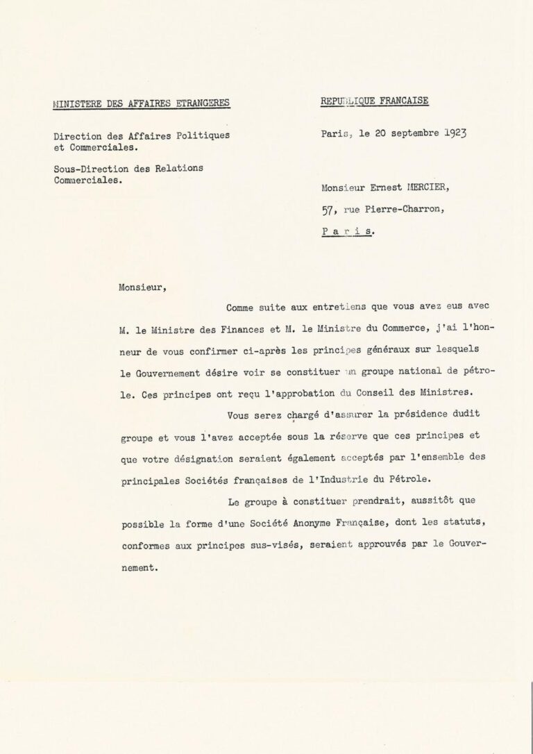 Ordre de mission de la CFP, adressé par le président du Conseil, Raymond Poicaré, à Ernest Mercier, 20 septembre 1923 (© Totalenergies.com)
