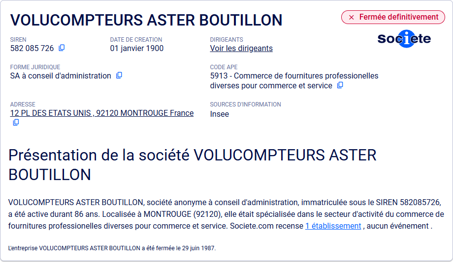 Fiche societe.com de la société « Volucompteurs Aster Boutillon »