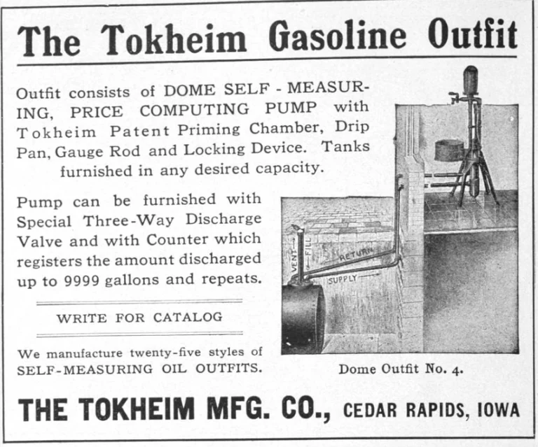 Publicité «Tokheim Oil Tank & Pump Company», extrait de « The Rand McNally Photo-Auto Guide » (1909 ©mycompanies.fandom.com)